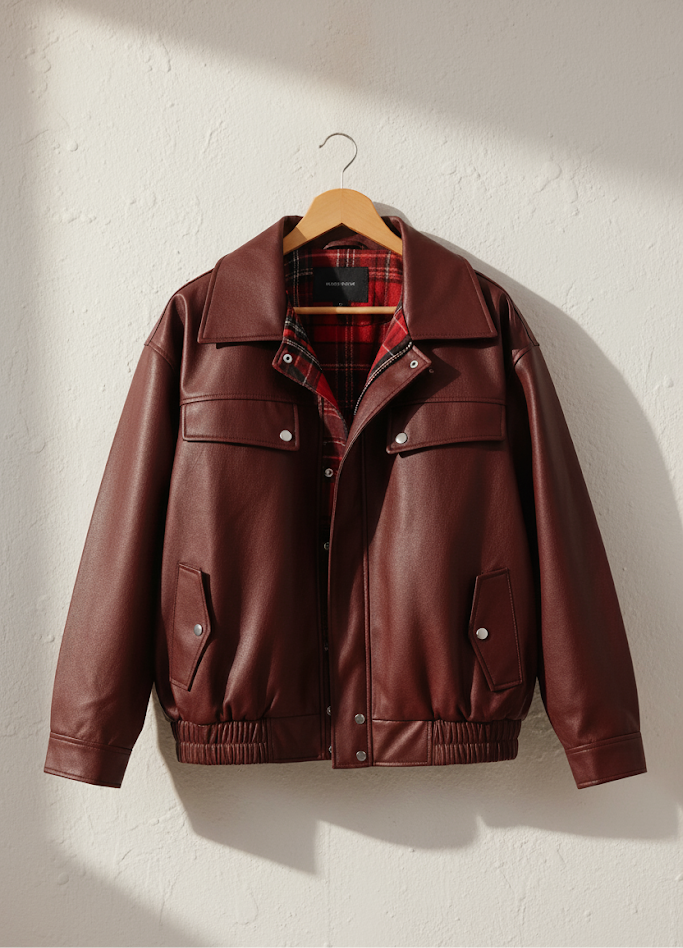 Veste réversible oversize pour femme à carreaux rouge et similicuir cuir bordeaux