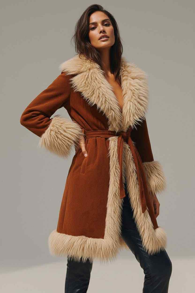 Manteau long pour femme ceinturé à la taille couleur Camel et beige col et poignet en fausse fourrure beige