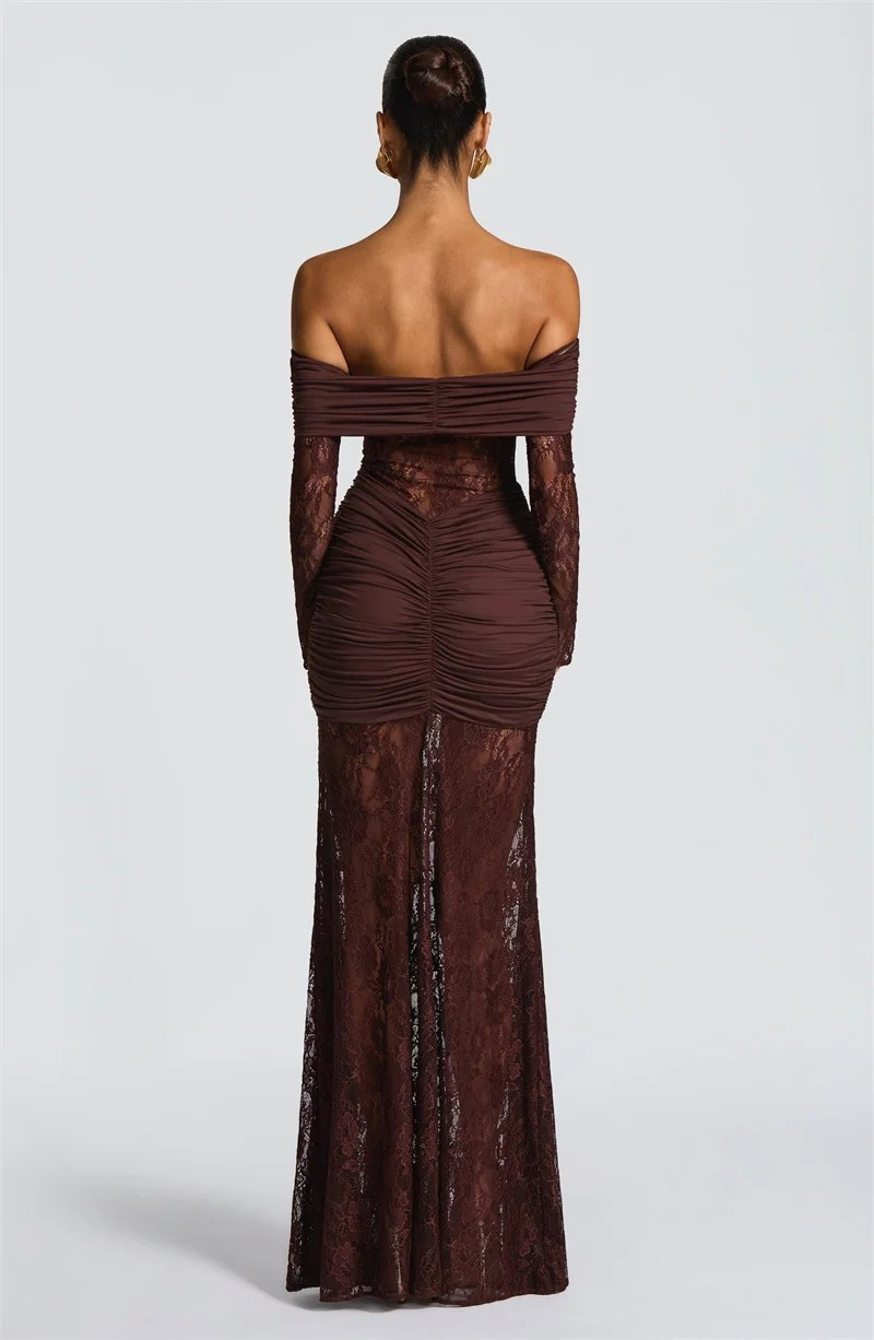 robe pour femme coupe épaules dénudées en dentelle marron