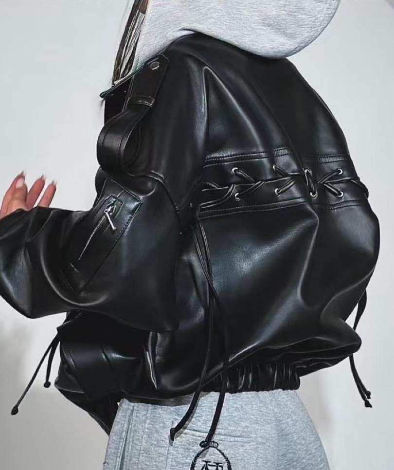 Bombers pour femme à lacet en similicuir noir