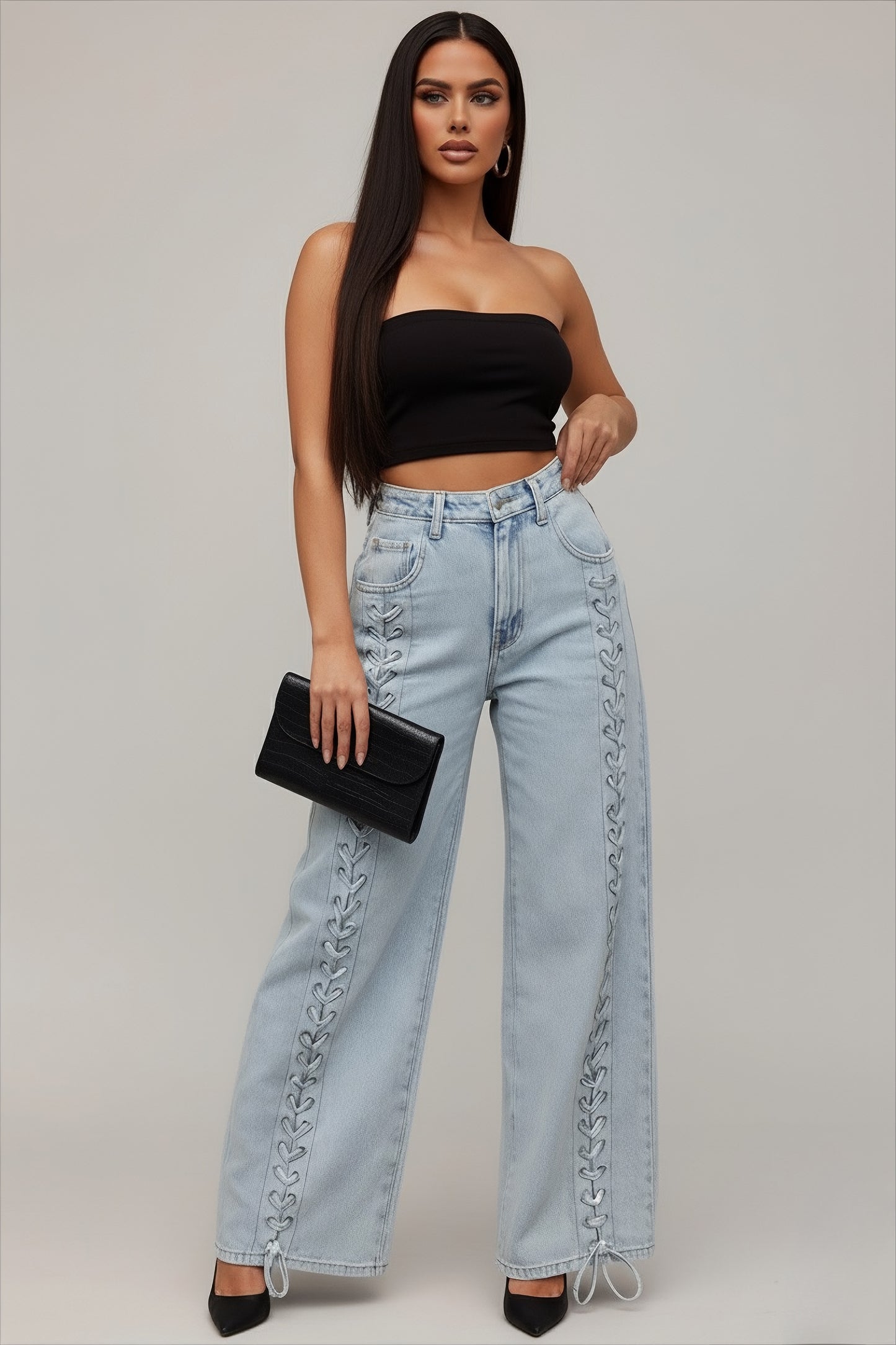 Jean pour femme coupe droite à lacet bleu claire