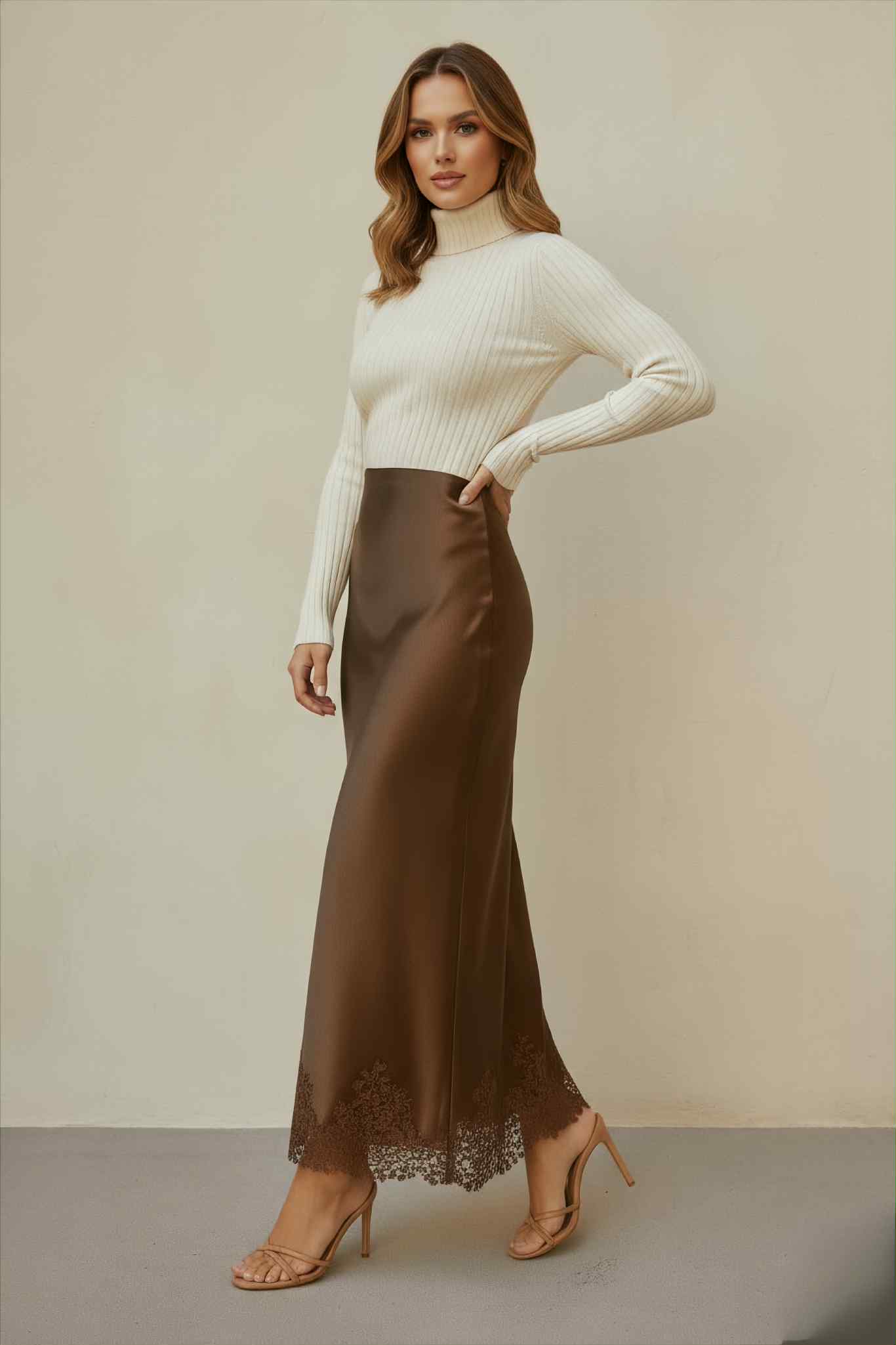 jupe pour femme longue en satin et dentelle marron