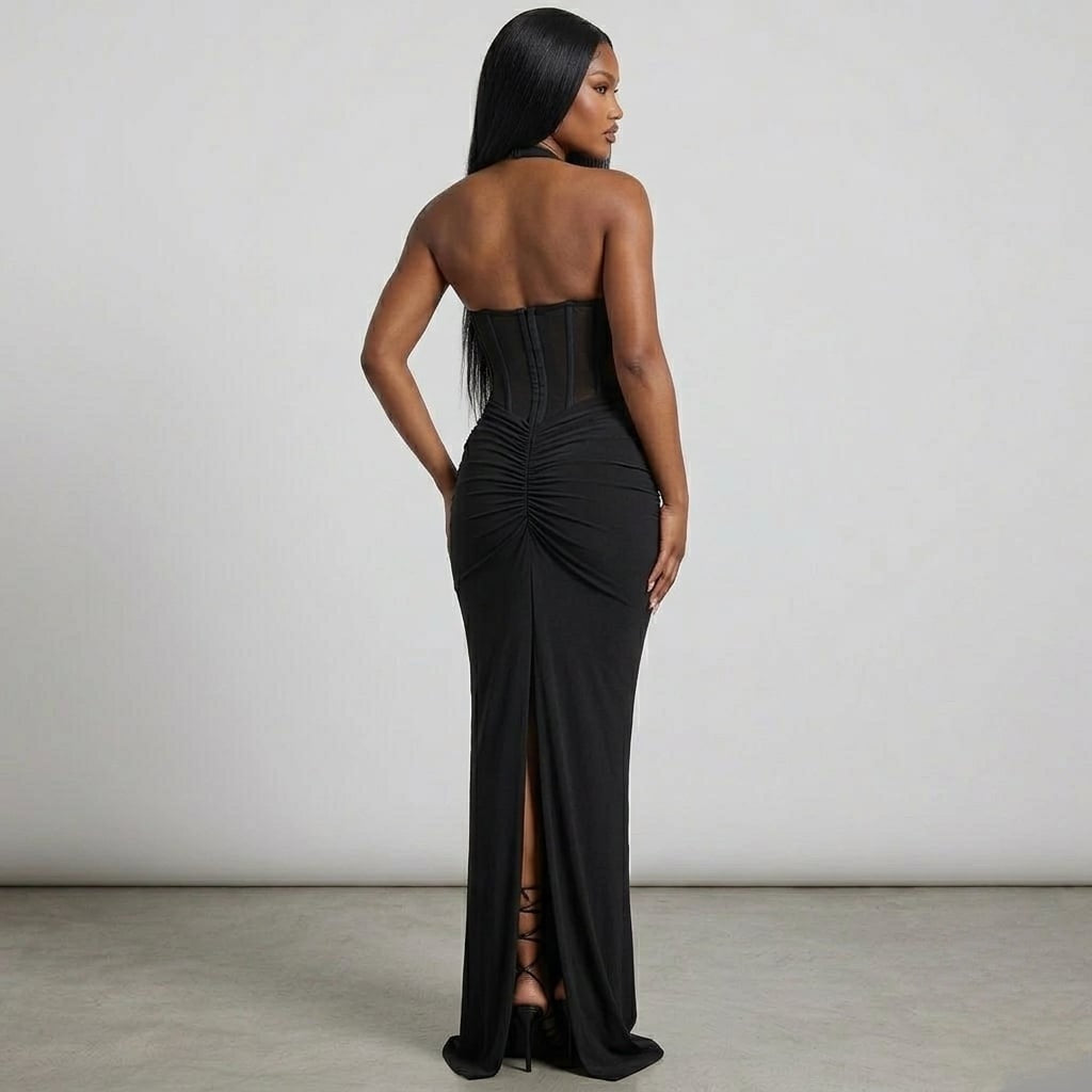 robe pour femme coupe longue buste semi transparent couleur noire
