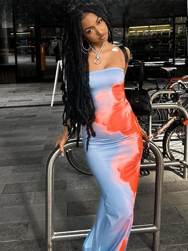 Robe bustier longue à fleures oranges et bleu