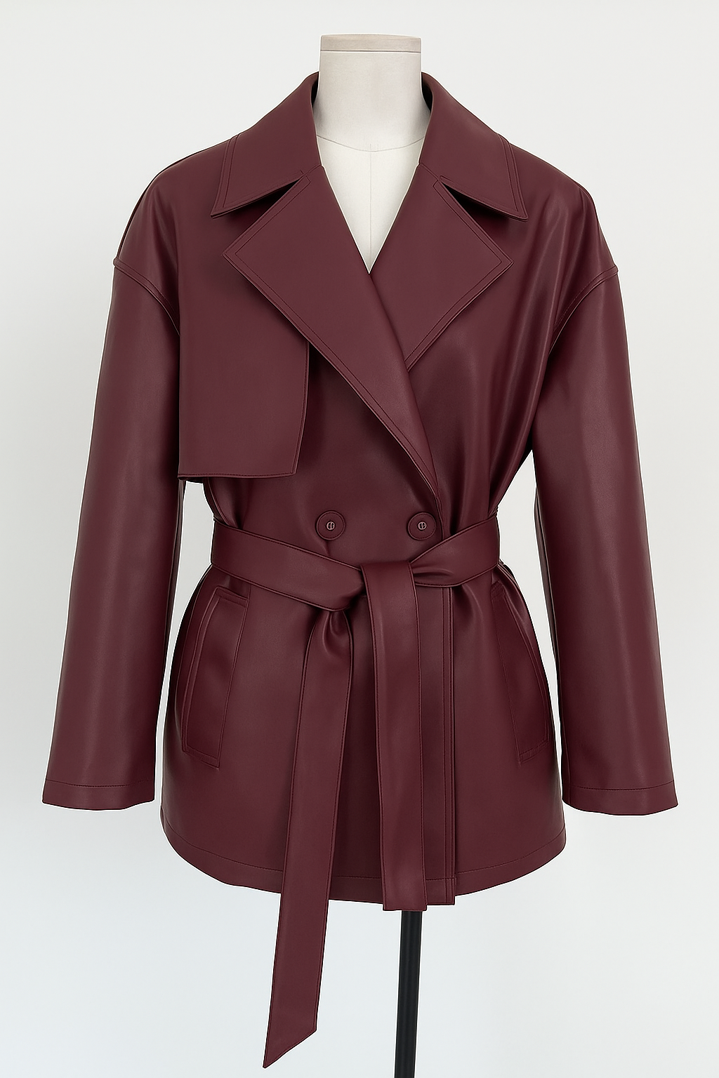 trench pour femme court en similicuir bordeaux avec ceinture