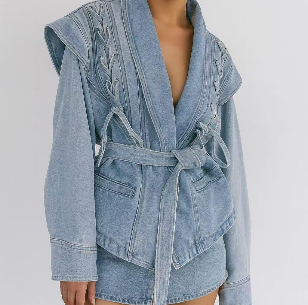 veste en denim bleu pour femme à nouer avec détail lacet