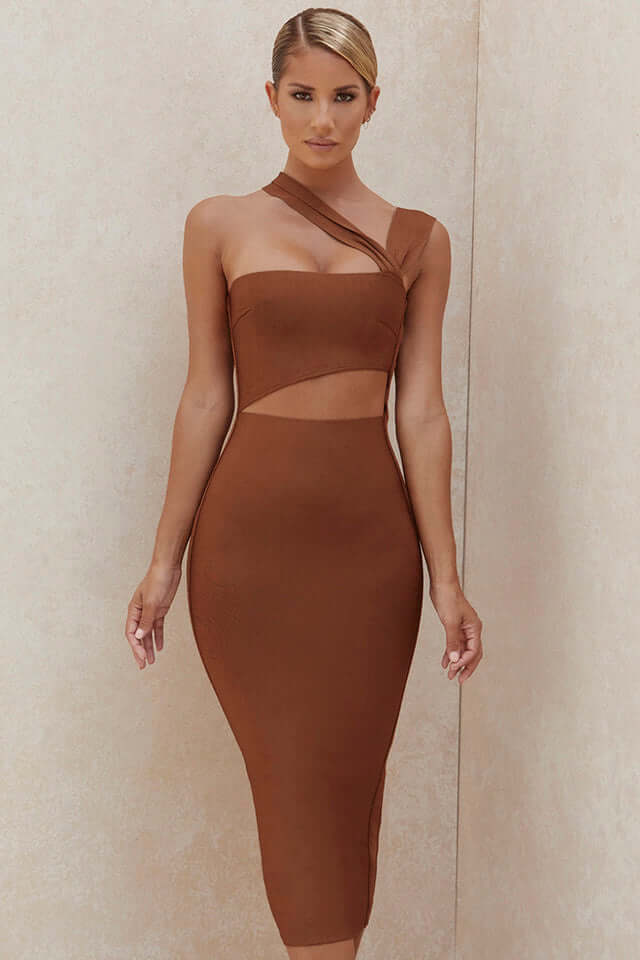 brown bandage dress Women's Chocolate Bandage Cup Detail Halterneck Mini Dress
