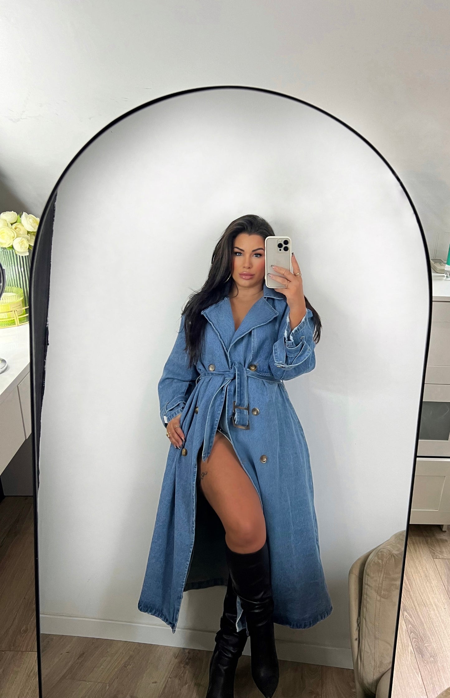 Long denim trench coat