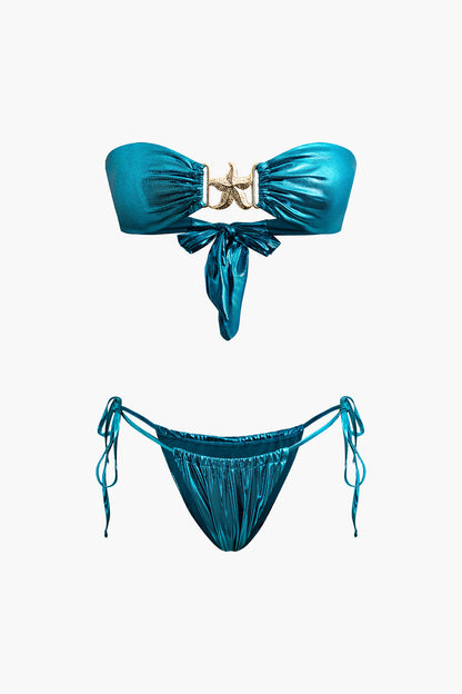 Maillot de bain femme deux pièces bleu métallique à empiècement étoile de mer dorée 