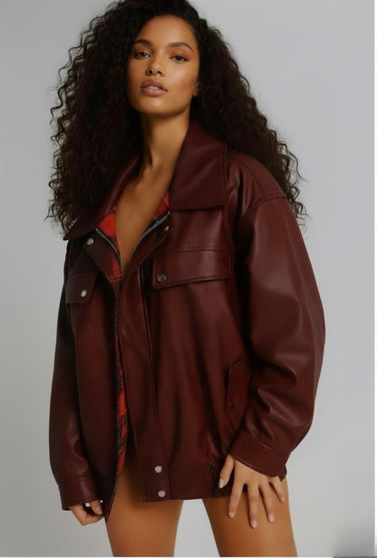 Veste réversible oversize pour femme à carreaux rouge et similicuir cuir bordeaux 
