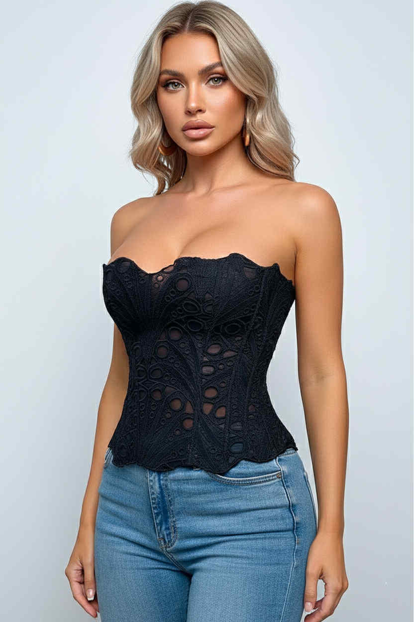 bustier femme en dentelle noir semi transparent avec lacet réglable au dos 