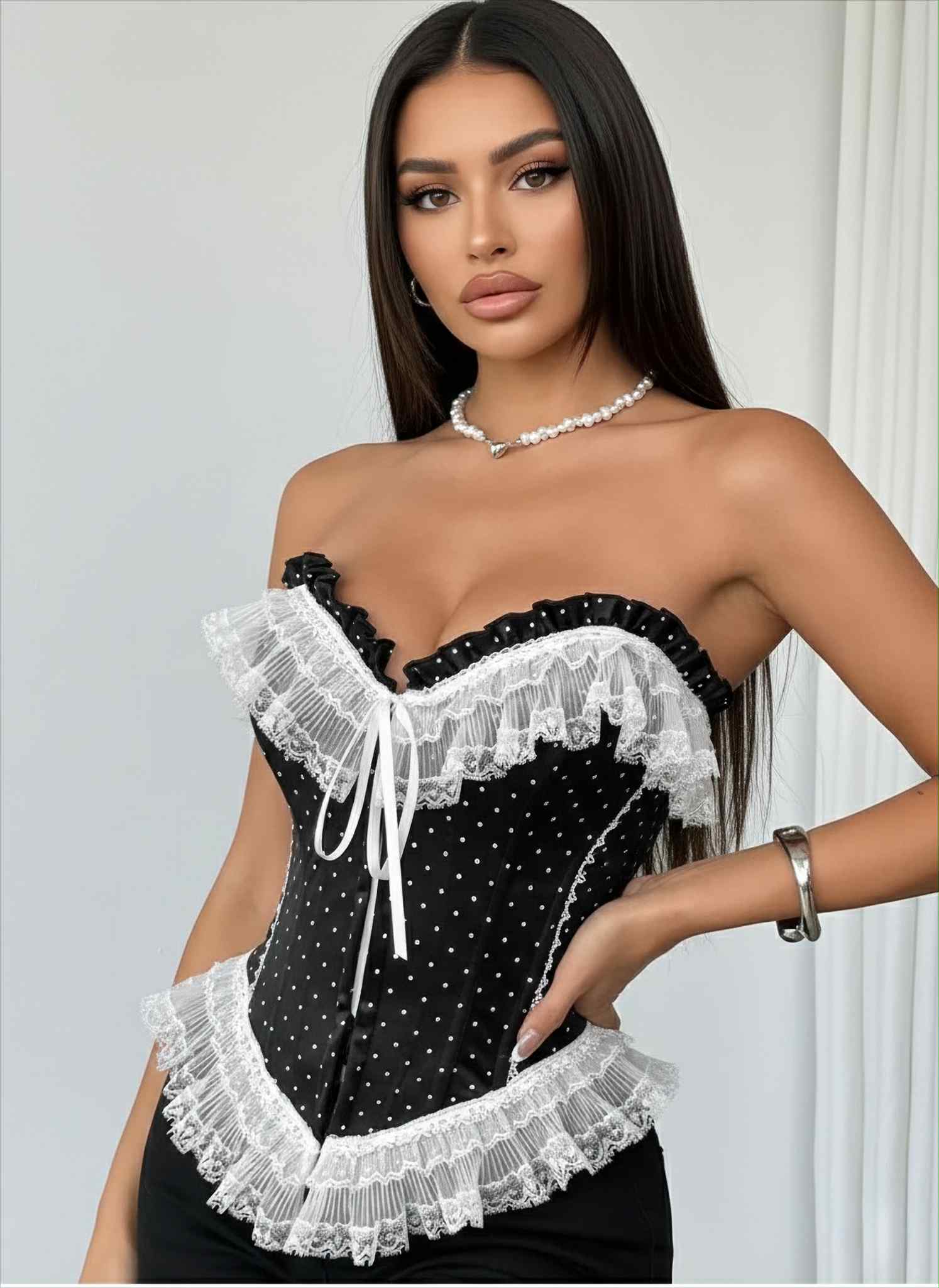 Bustier femme noir à pois blanc détail dentelle 