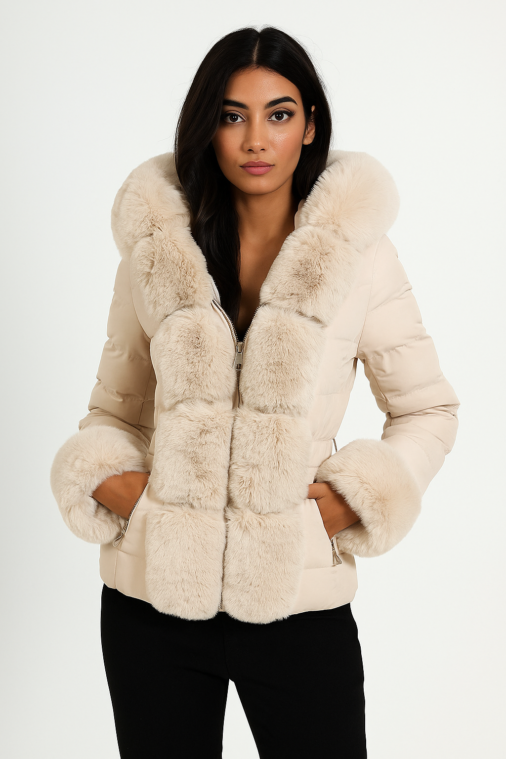 doudoune courte pour femme avec fausse fourrure beige épaisse 