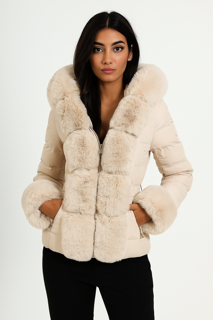 doudoune courte pour femme avec fausse fourrure beige épaisse 