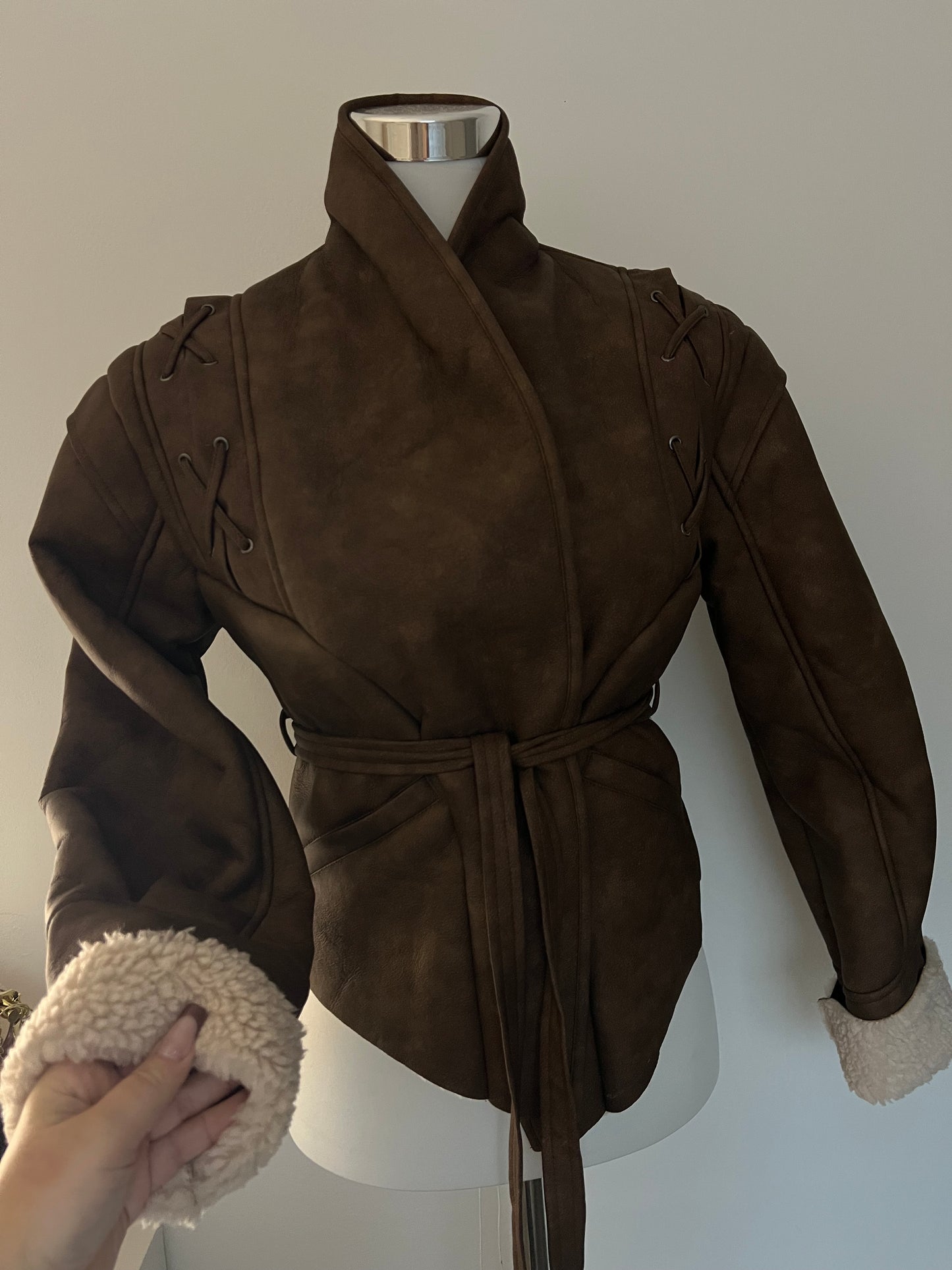 Veste marron bi-matière à nouer