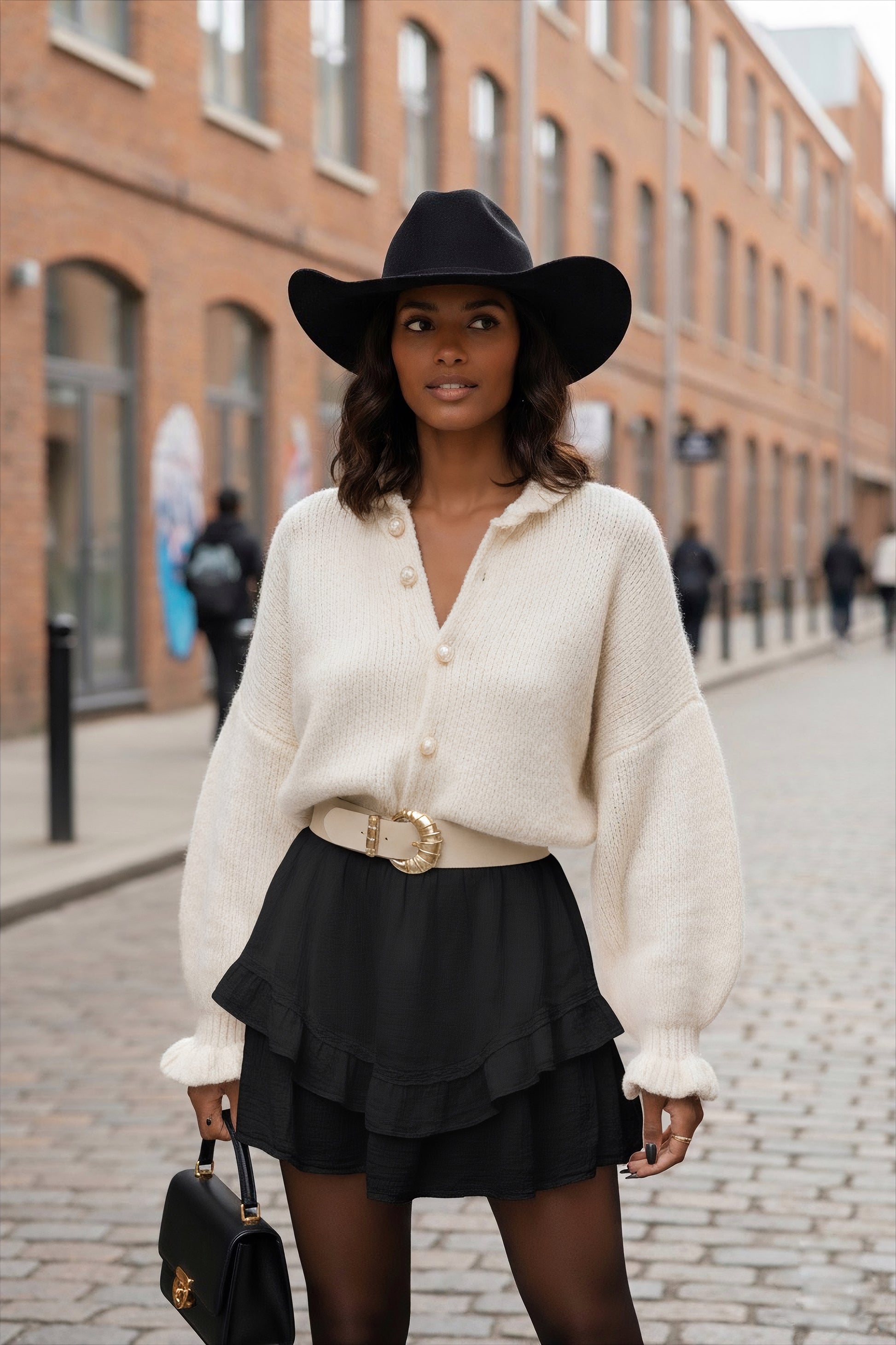 Gilet femme oversize en maille beige avec boutons à perle collection automne hiver 2025 