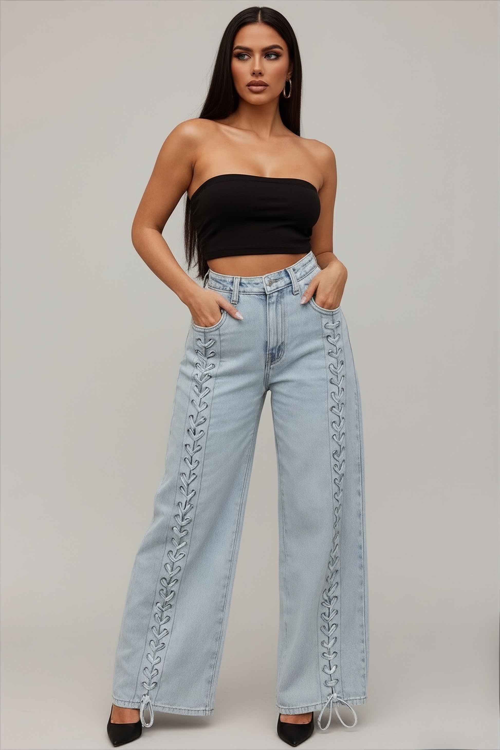 jean pour femme bleu clair à lacet 