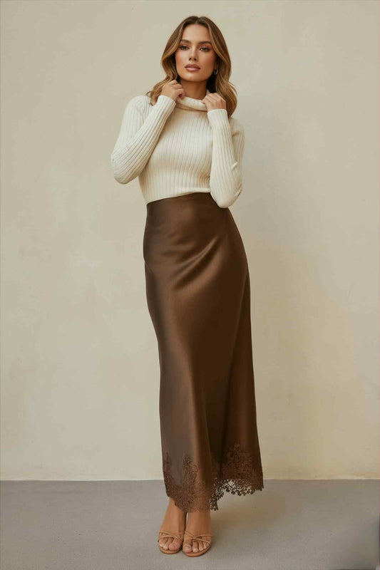 jupe pour femme longue en satin et dentelle marron 