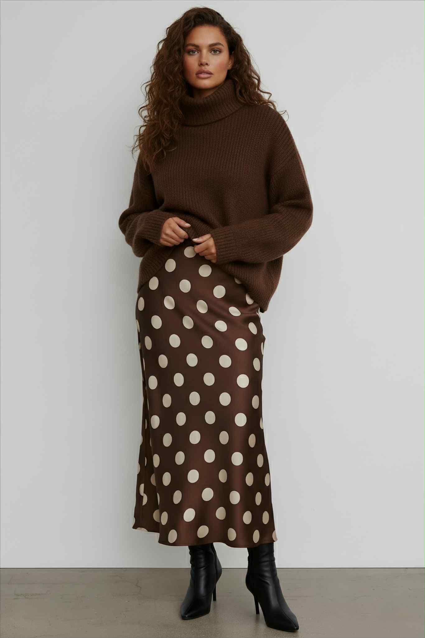 Jupe longue à pois marron