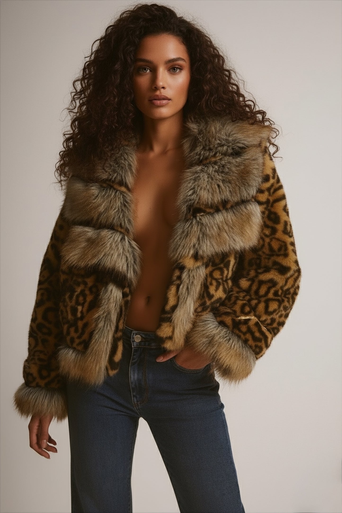 manteau court pour femme imprimé léopard en fausse fourrure