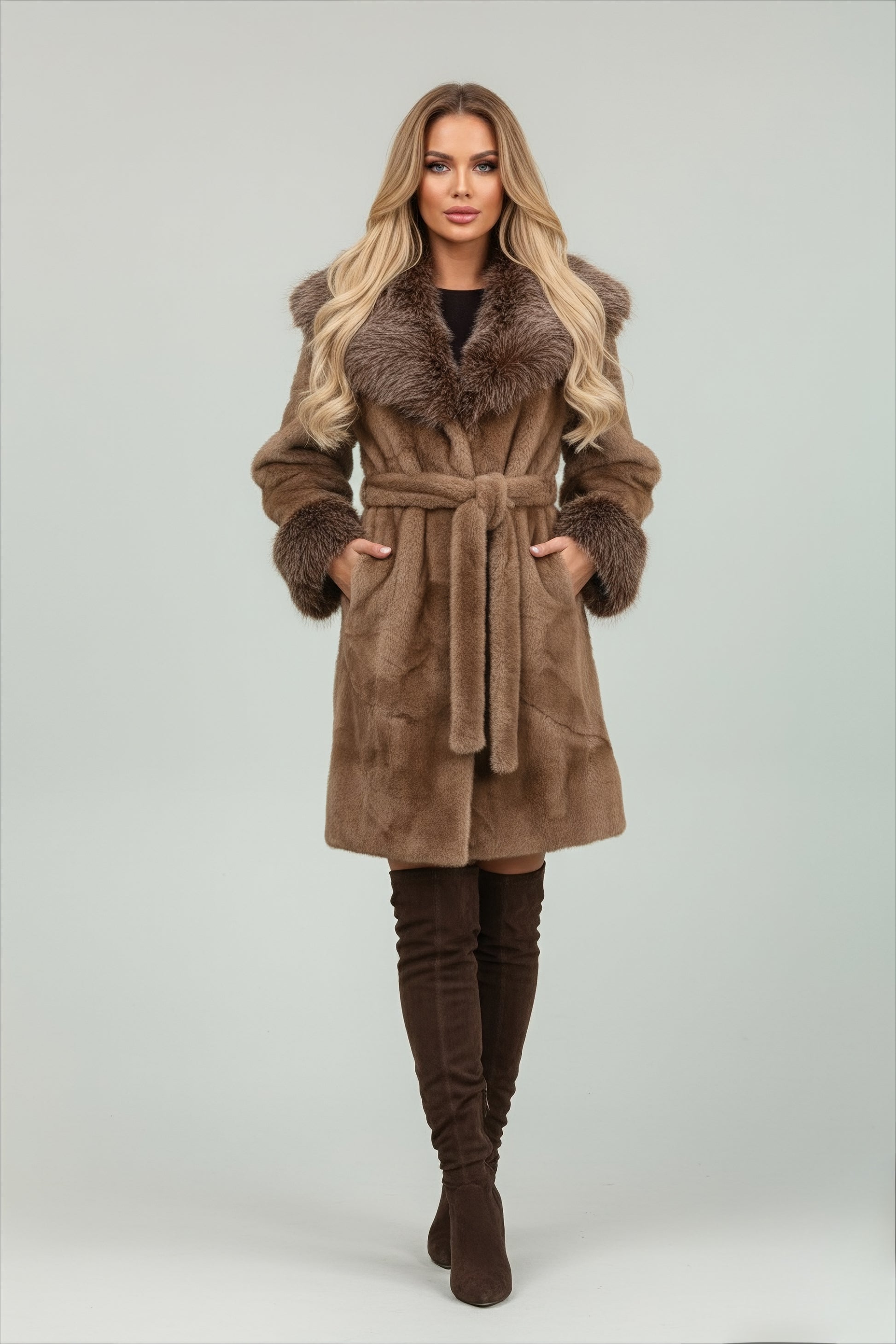 Manteau élégant pour femme en fausse fourrure avec ceinture amovible assortie hiver 2025-2026