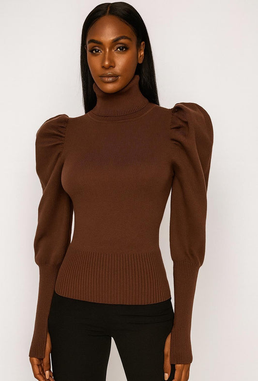 Pull pour femme à col roulé marron et manches longues  bouffantes 