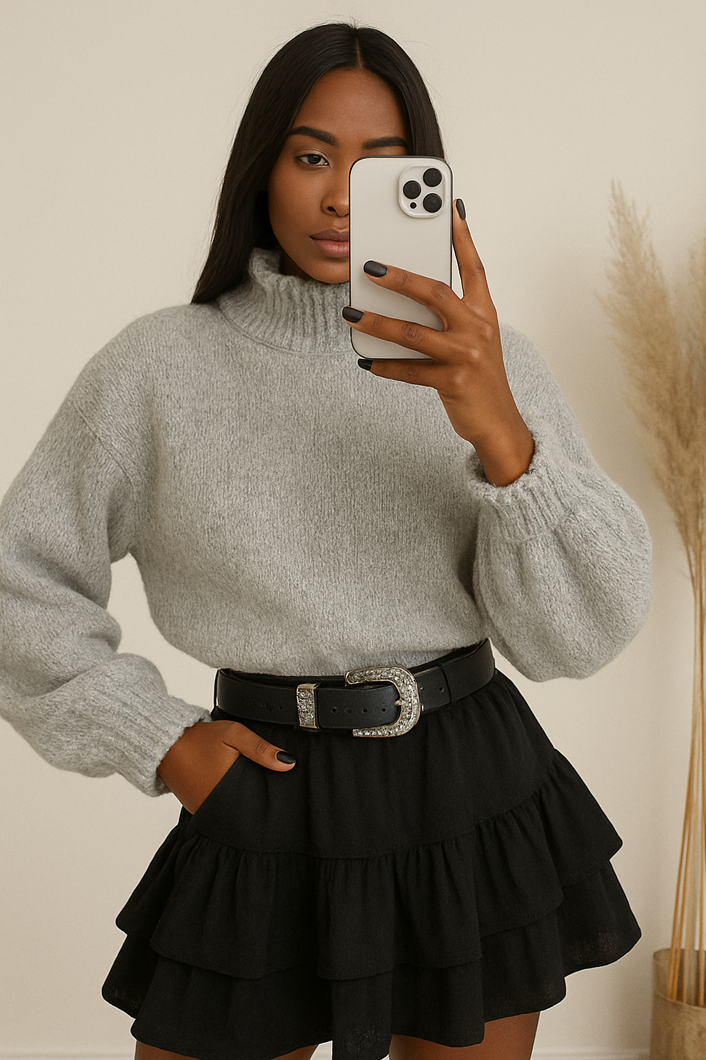 pull col roulé femme gris manches ballons à volants 