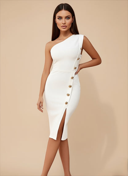 Robe pour femme matière bandage haute qualité couleur blanche à détails boutons dorée 