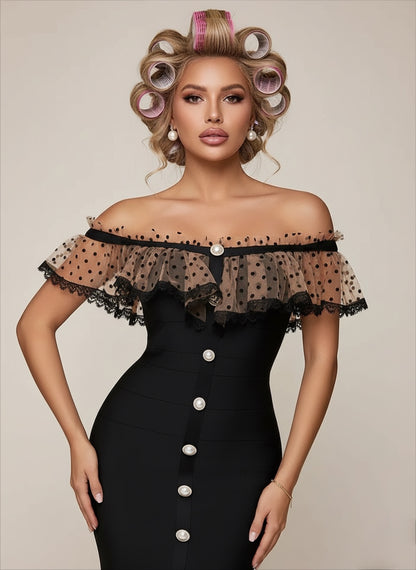 Robe bandage pour femme matière gainante haute qualité , boutons perles col bardot en voile à pois 