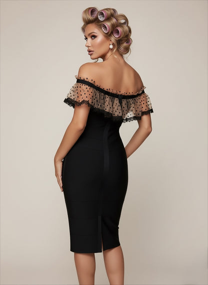 Robe bandage pour femme matière gainante haute qualité , boutons perles col bardot en voile à pois 