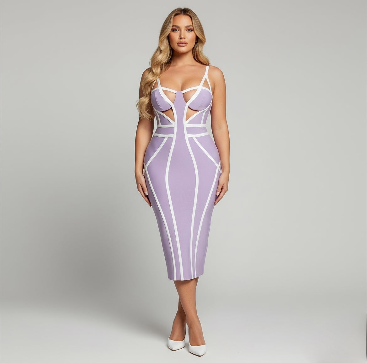 robe bandage pour femme coupe shape longueur midi couleur lila et blanc 