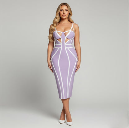 robe bandage pour femme coupe shape longueur midi couleur lila et blanc 