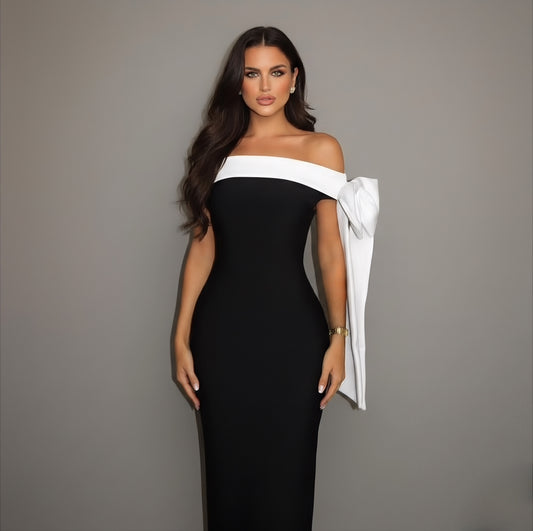 Robe bandage haute qualité noire et blanche détails nœuds longueur midi  
