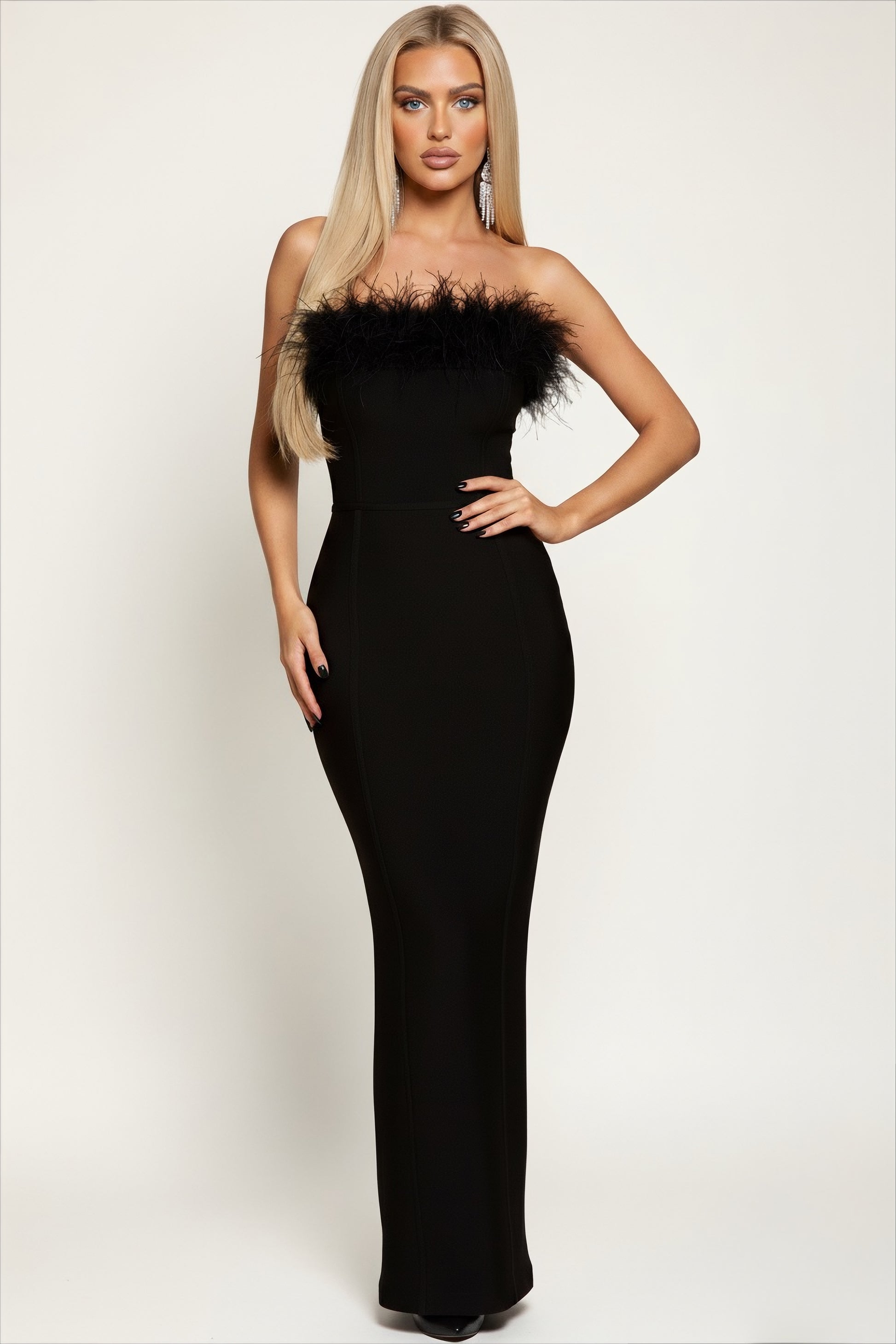 Robe bandage haute qualité longue coupe bustier avec plumes 