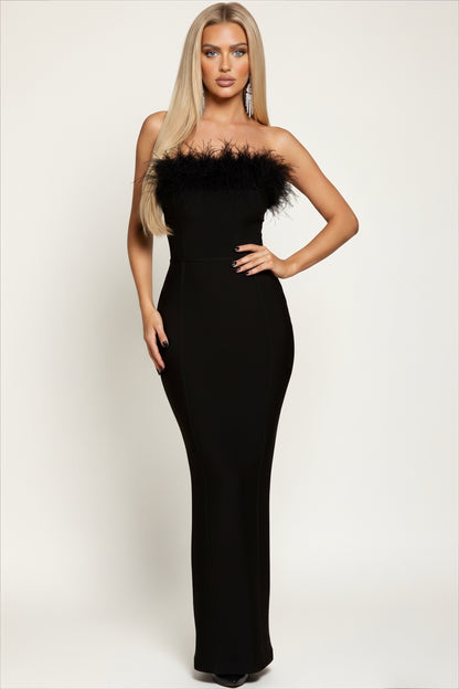 Robe bandage haute qualité longue coupe bustier avec plumes 