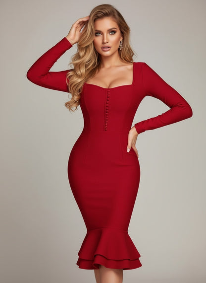 Robe bandage pour femme à volant en bas de la robe manches longues détails boutons sur le buste couleur rouge 