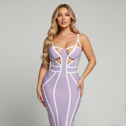 robe bandage pour femme coupe shape longueur midi couleur lila et blanc 