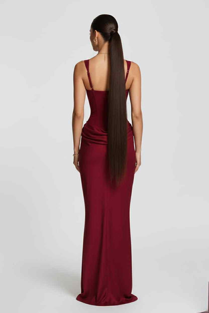 robe femme de soirée longue coupe bustier matière jupe effet satiné 