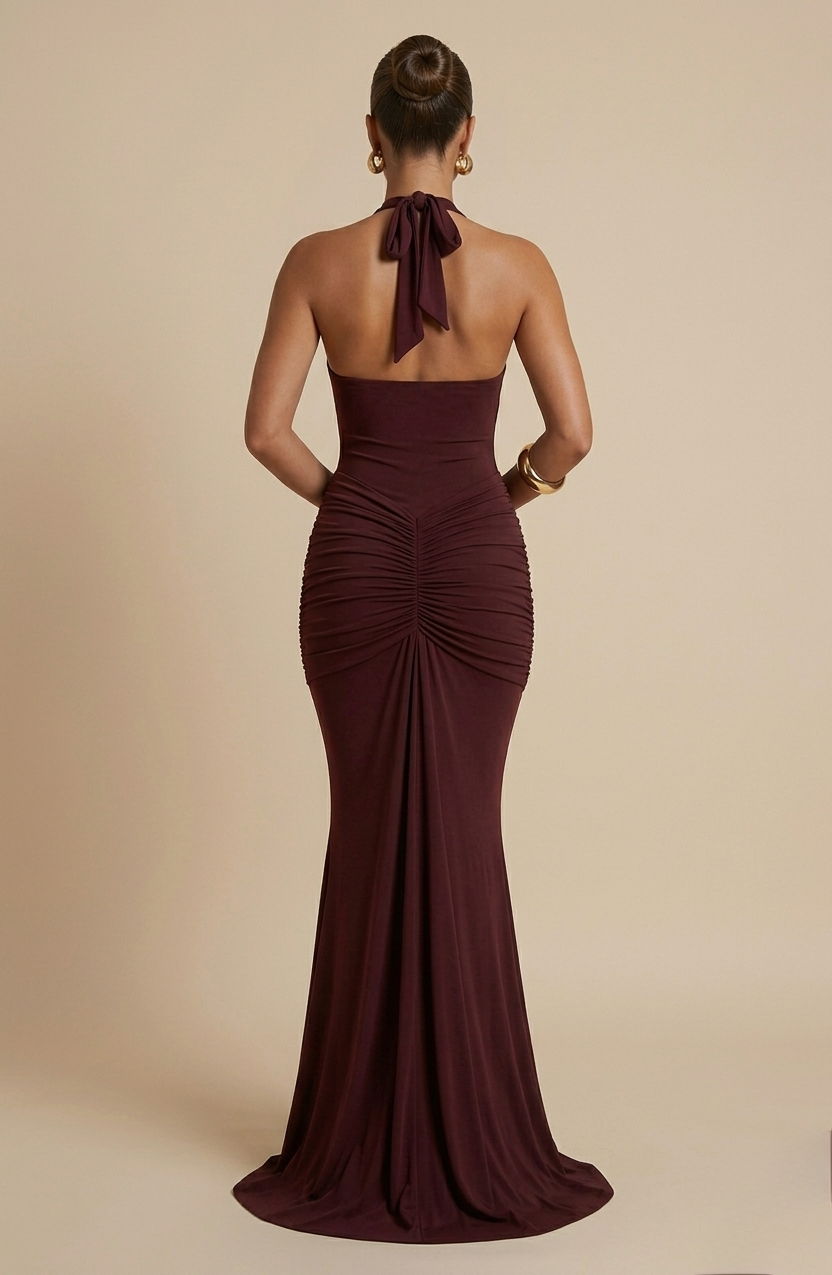 Robe de soirée pour femme longue décolleté v couleur bordeaux 
