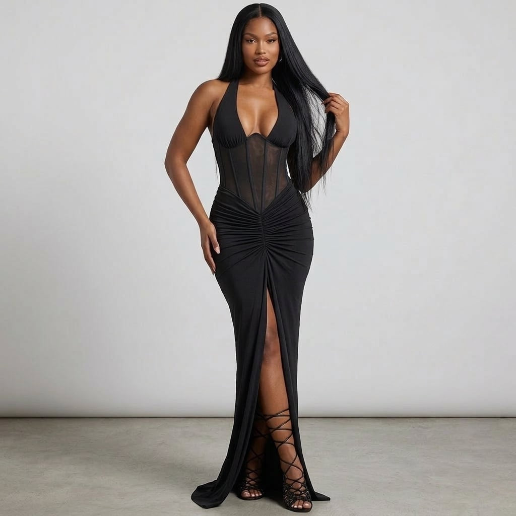 robe pour femme coupe longue buste semi transparent couleur noire