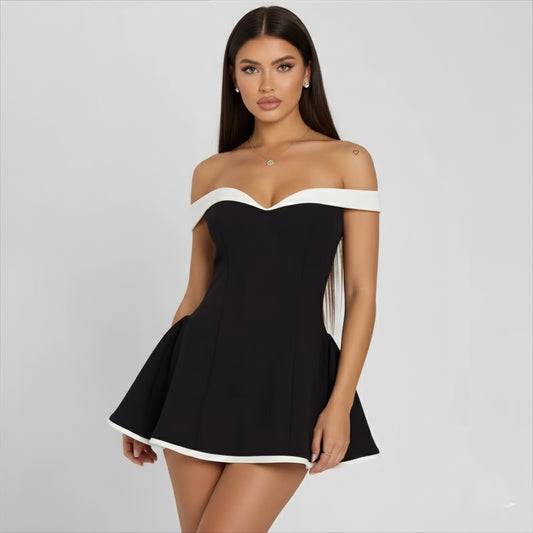 robe pour femme noir et blanche coupe patineuse courte 