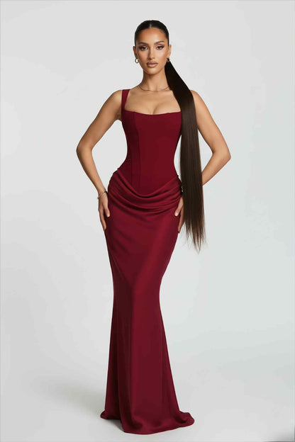 robe femme de soirée longue coupe bustier matière jupe effet satiné 