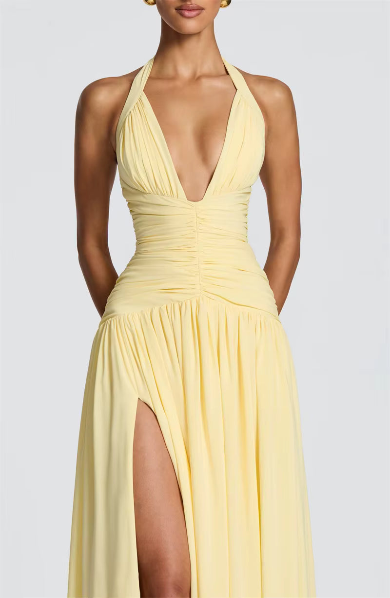 Robe spéciale occasions jaune pastel longue avec grande fente et décolleté v  