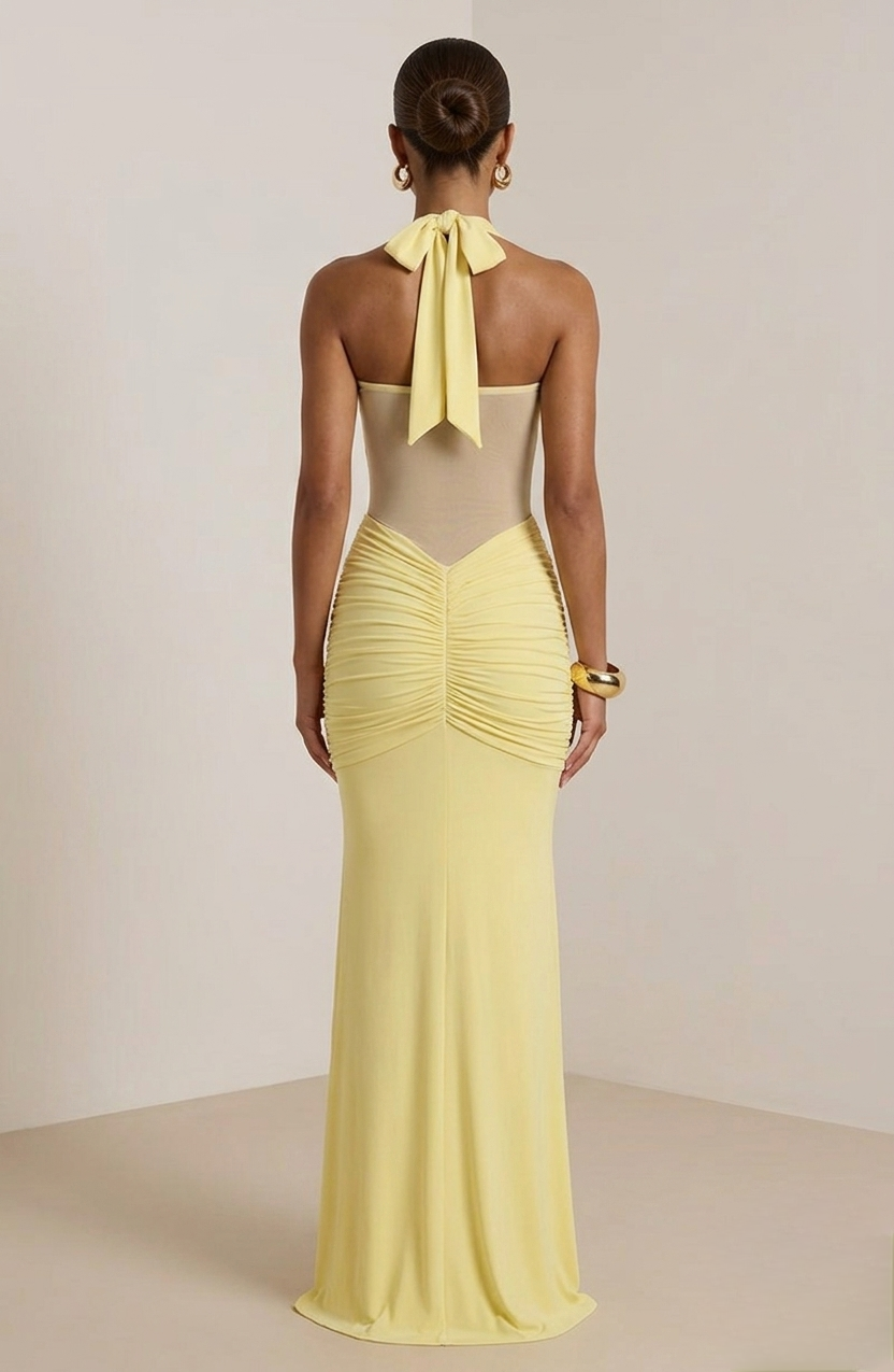 Robe spéciale invité de mariage longue jaune semi-transparente 