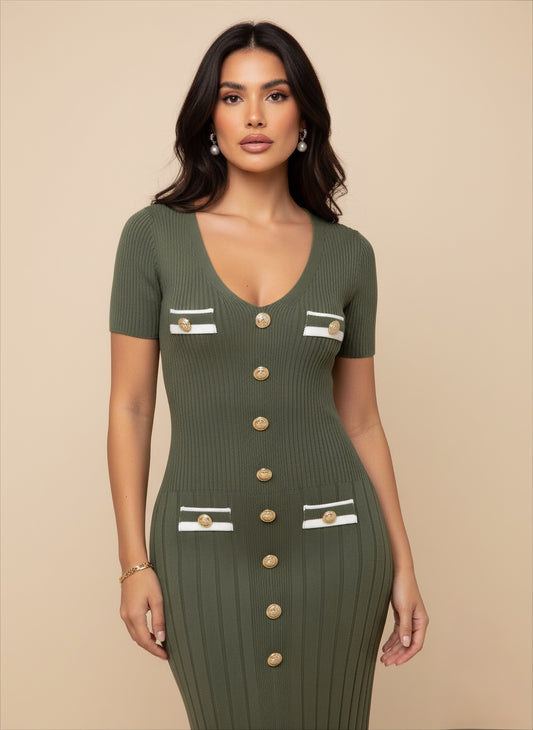 robe longue femme en maille kaki côtelé à boutons dorée