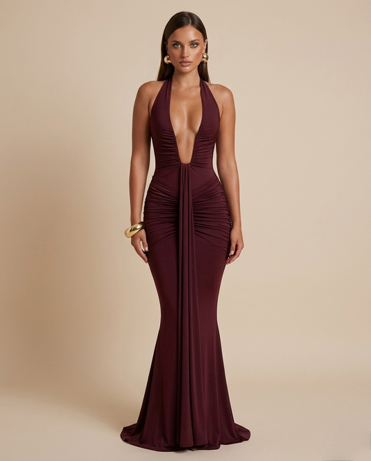Robe de soirée pour femme longue décolleté v profond , couleur bordeaux  