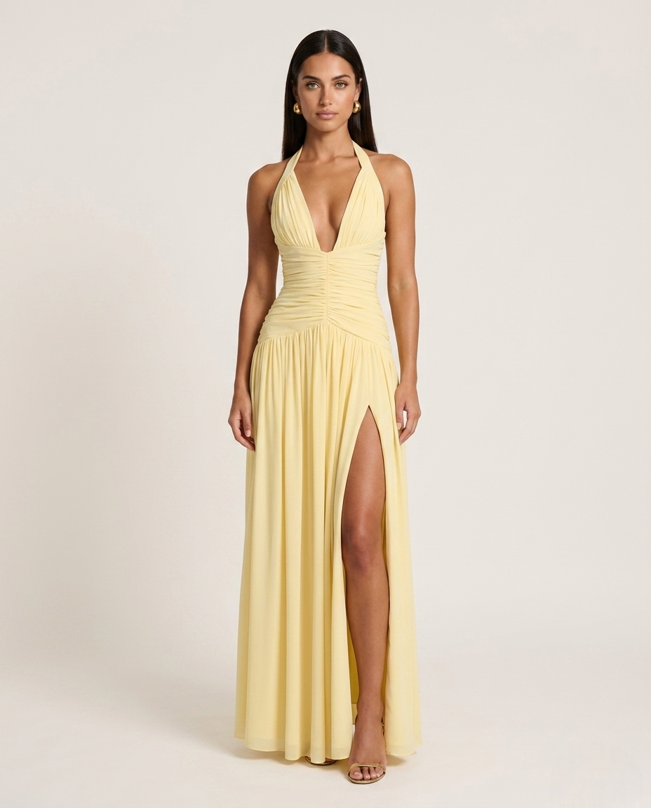 Robe spéciale occasions jaune pastel longue avec grande fente et décolleté v  
