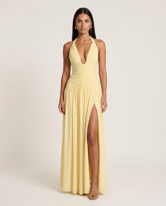Robe spéciale occasions jaune pastel longue avec grande fente et décolleté v  