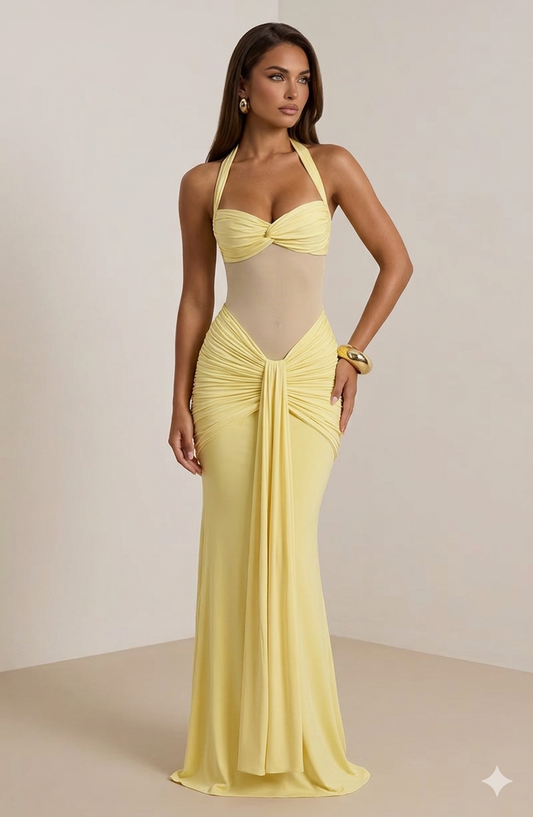 Robe spéciale invité de mariage longue jaune semi-transparente 