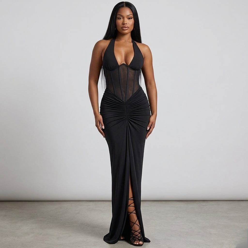 robe pour femme coupe longue buste semi transparent couleur noire